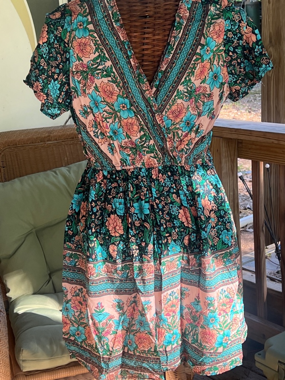 Floral Wrap Short Dress in Peach & Teal